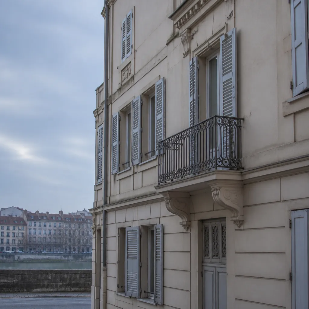Détail de façade d’un immeuble résidentiel ordinaire, quartier calme près de Lyon