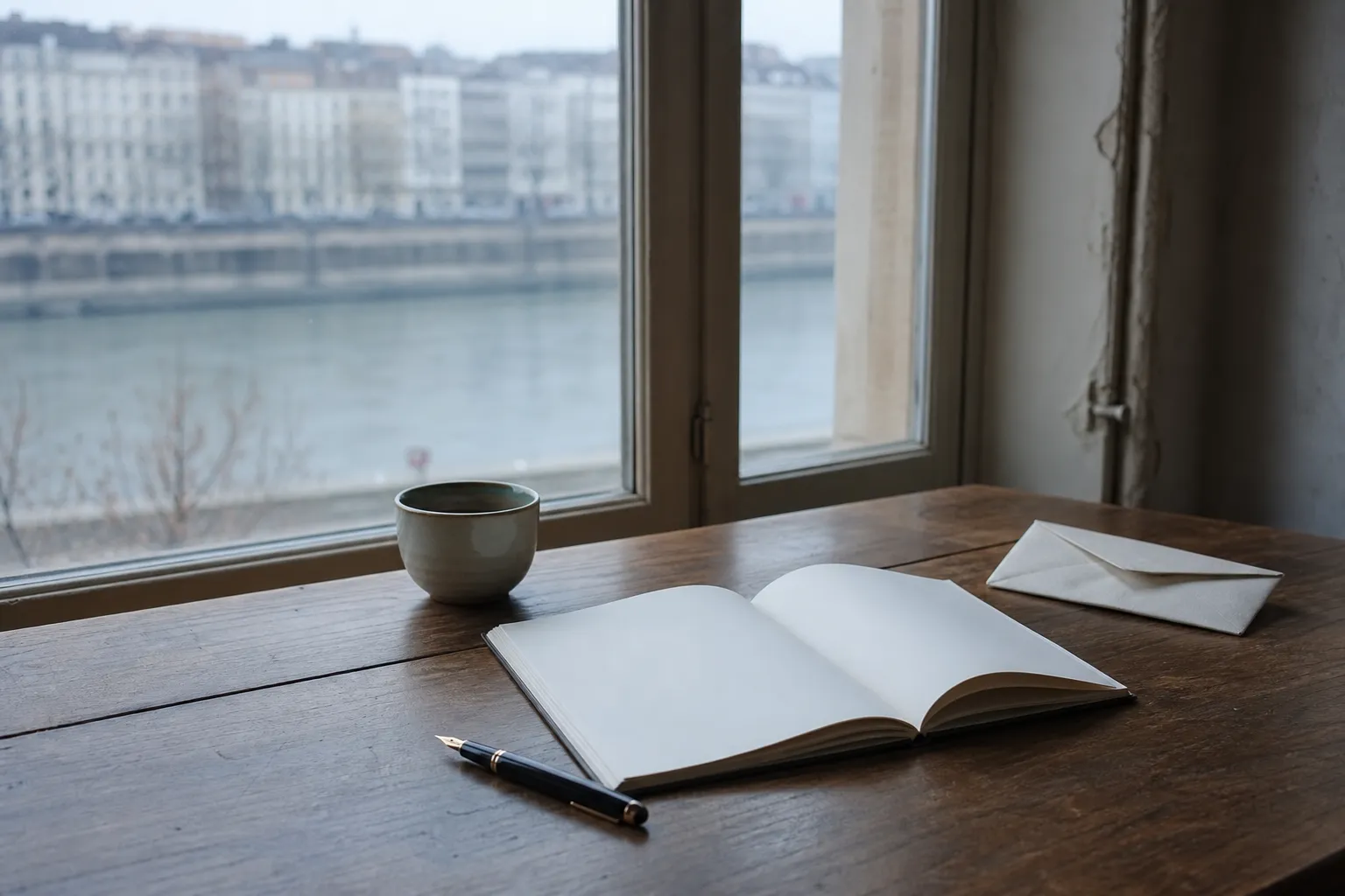 Table en bois près d’une fenêtre, lumière douce du matin, carnet ouvert et stylo posé