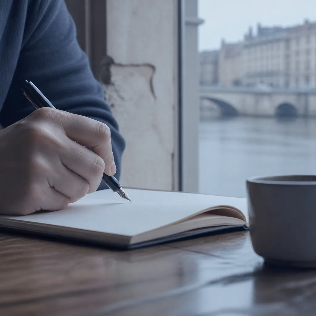 Main écrivant dans un carnet sur une table en bois, lumière douce de côté