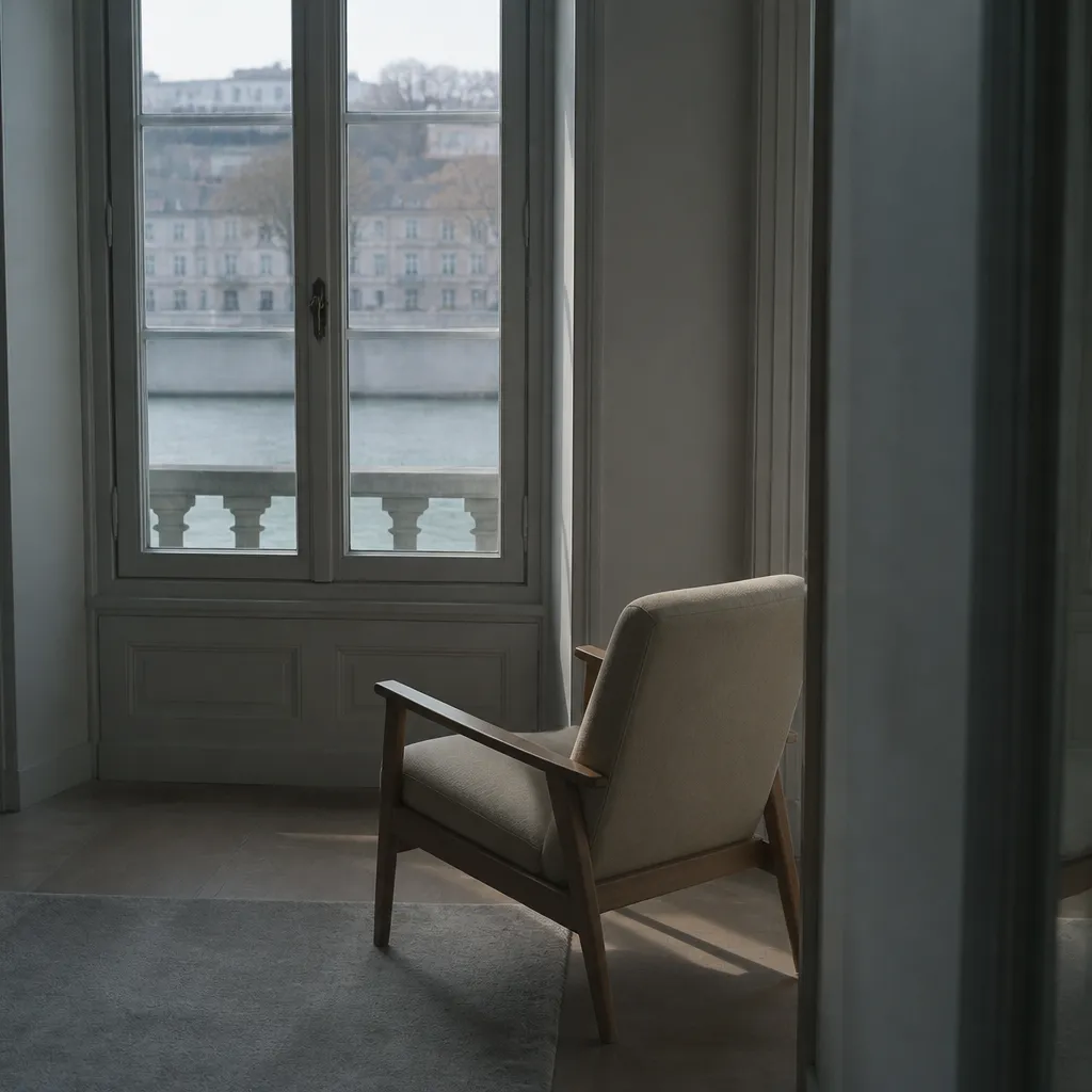 Pièce sobre avec une grande fenêtre, lumière grise et douce sur le sol